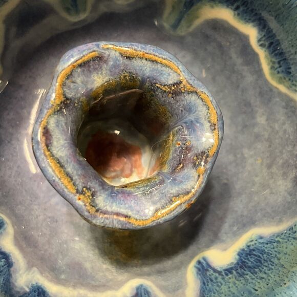 Smoky Mountain Pottery Candle Holder Glazed Blue Round Hand Made Gatlingburg TN - Picture 9 of 10